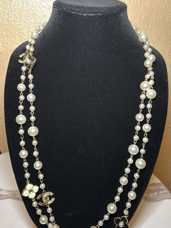 Other Jewelry - Double-Strand Pearl Necklace with Gold Floral and Logo Charms